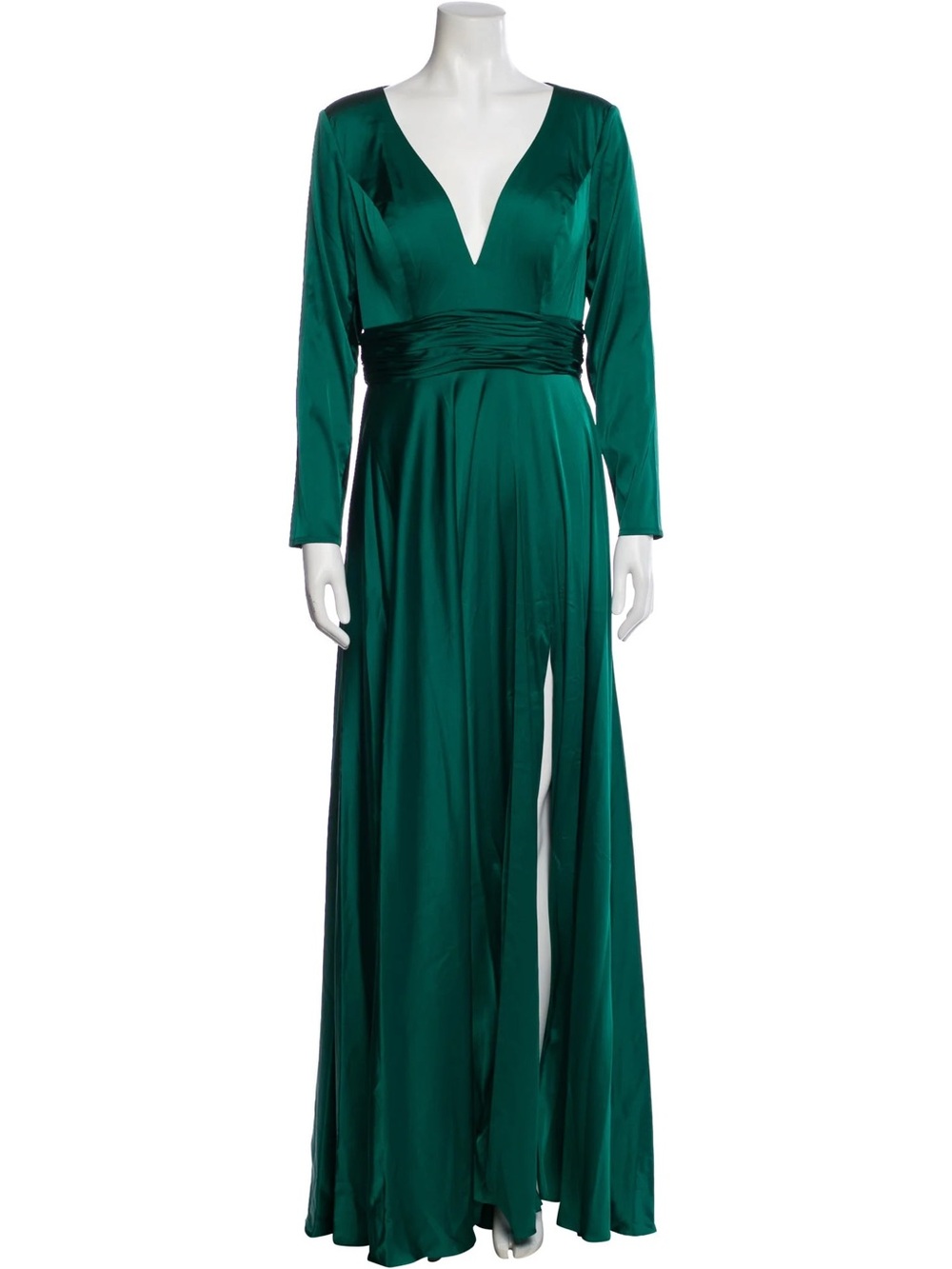 Mac Duggal Leena Emerald Long-Sleeve V-Neck Evening Gown